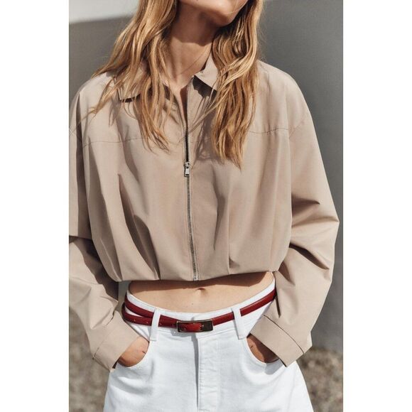 Zara Womens Jacket Large L Cropped Pleated Khaki Beige Full Zip 2753/034 NWT - Picture 1 of 10